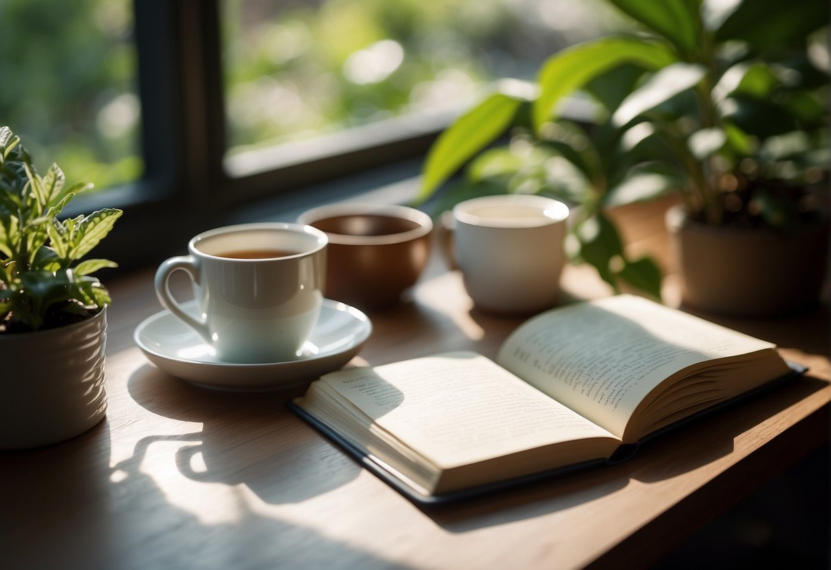 A serene morning scene with a journal, pen, and a cup of tea on a table, surrounded by plants and natural light