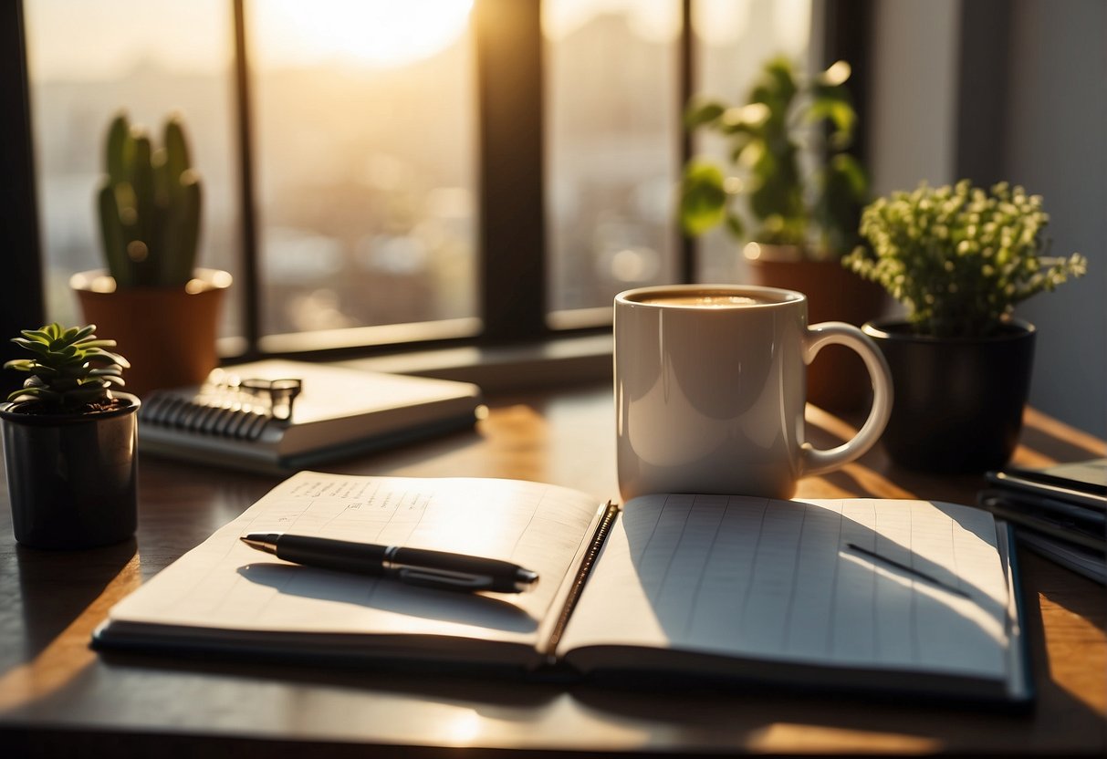 A desk with a planner, pen, and cup of coffee. Sunlight streams through a window onto the organized workspace. A motivational quote hangs on the wall