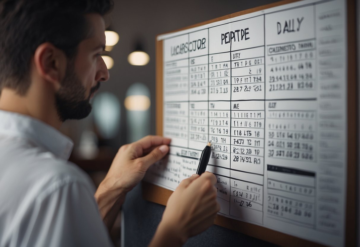 A person standing in front of a calendar, writing down daily intentions and crossing them off as they are achieved