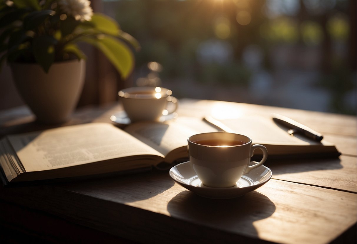 A serene morning with a journal, pen, and a cup of tea. The sun rises through a window, casting a warm glow on the intention-setting process