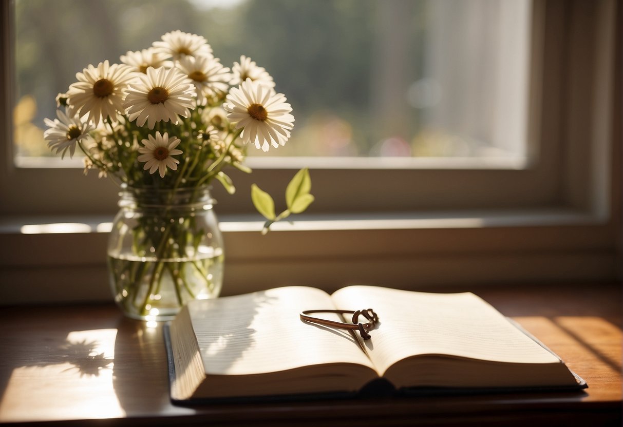 A serene, sunlit room with a journal, pen, and a vase of fresh flowers. A window casts a soft glow, inviting self-reflection and intention-setting