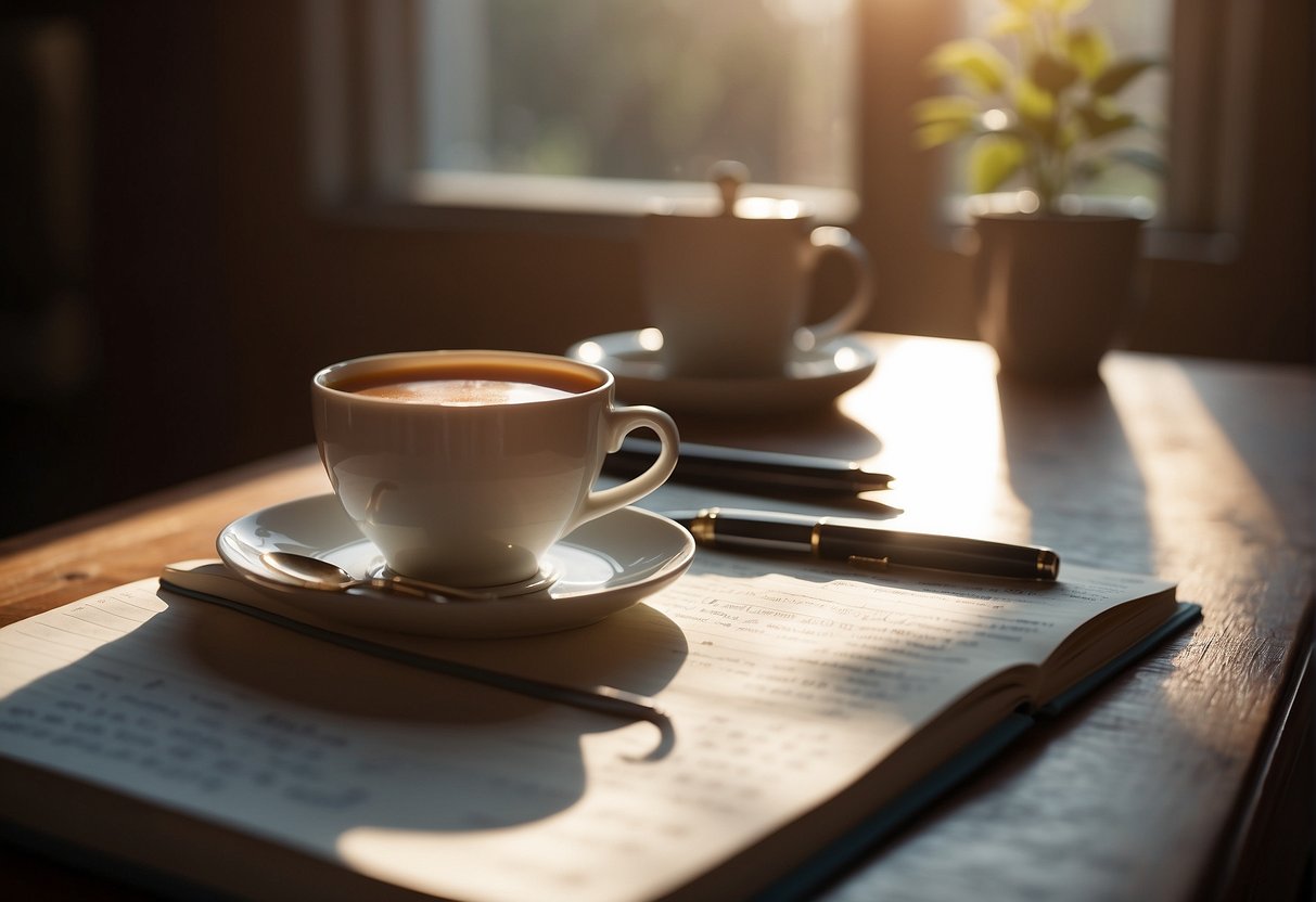 A serene desk with a daily planner, a pen, and a cup of tea. Sunlight streams through the window, casting a warm glow on the scene