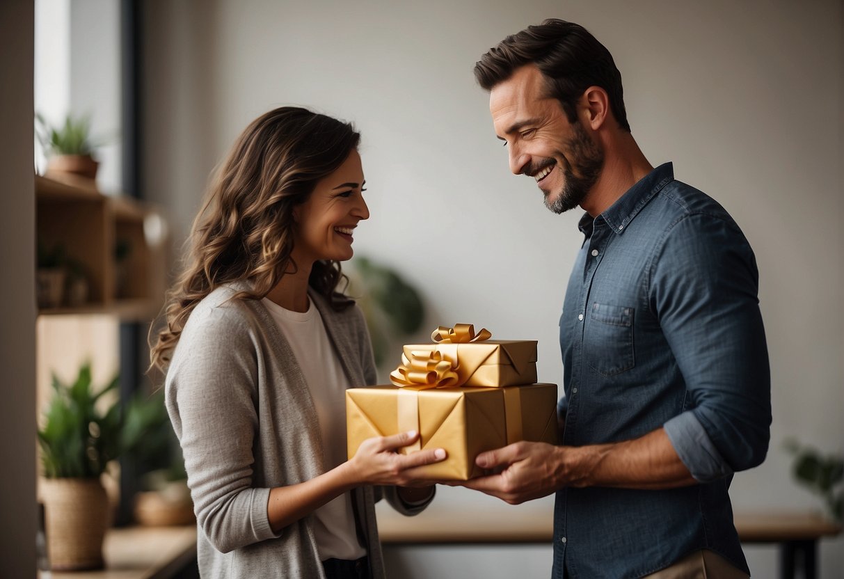 A person giving a thoughtful gift to another, with a warm smile and a grateful expression