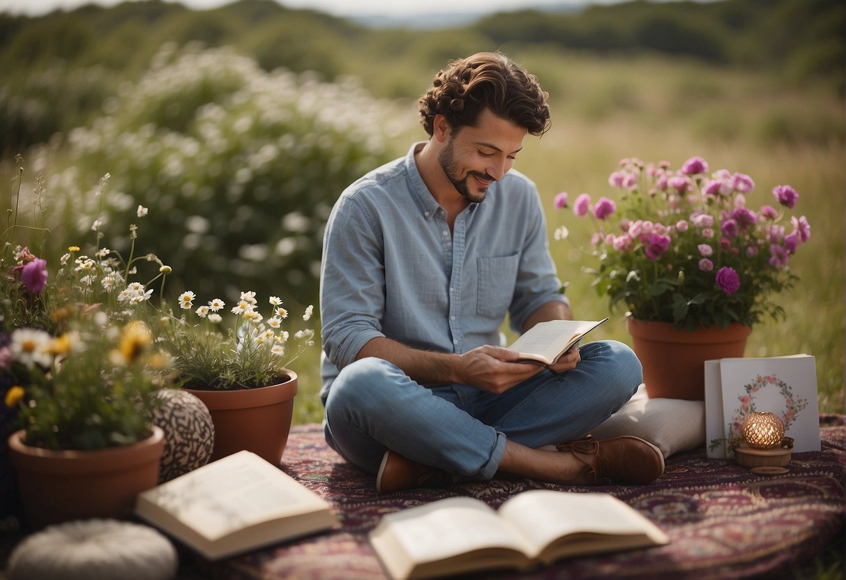 A person sitting in a peaceful, natural setting, surrounded by symbols of gratitude such as flowers, a journal, and a meditation cushion