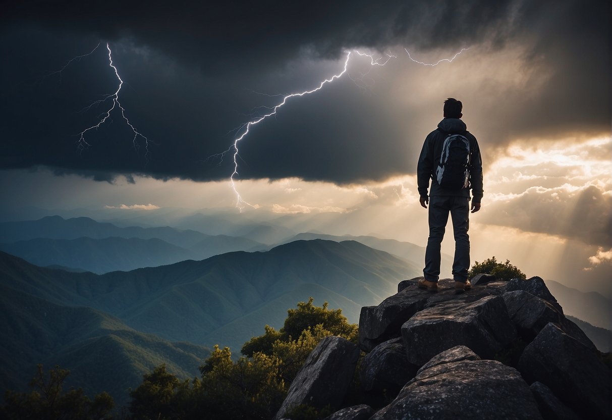 A figure stands on a mountain peak, facing a storm. Lightning strikes nearby, but the figure remains unshaken, holding a torch high