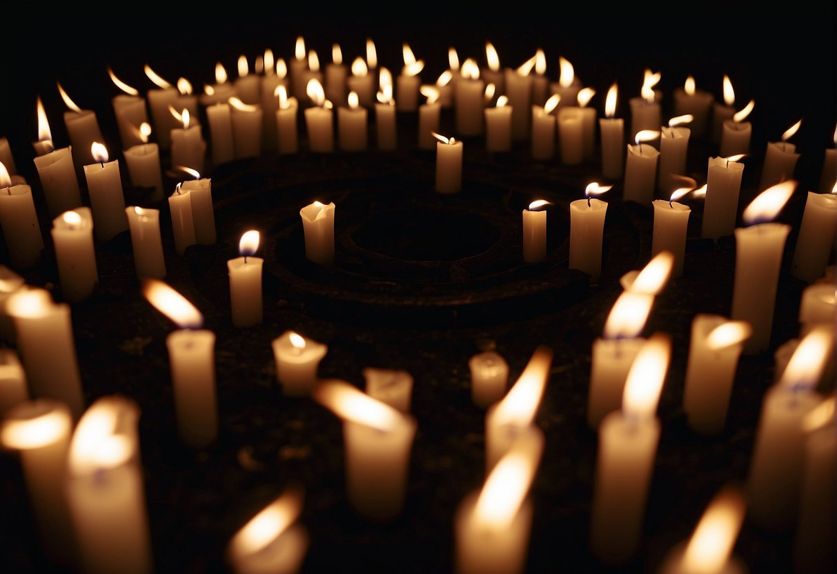 Candles arranged in a circle, their flames flickering in a dimly lit room as they represent the focus and intention of the person manifesting their desires