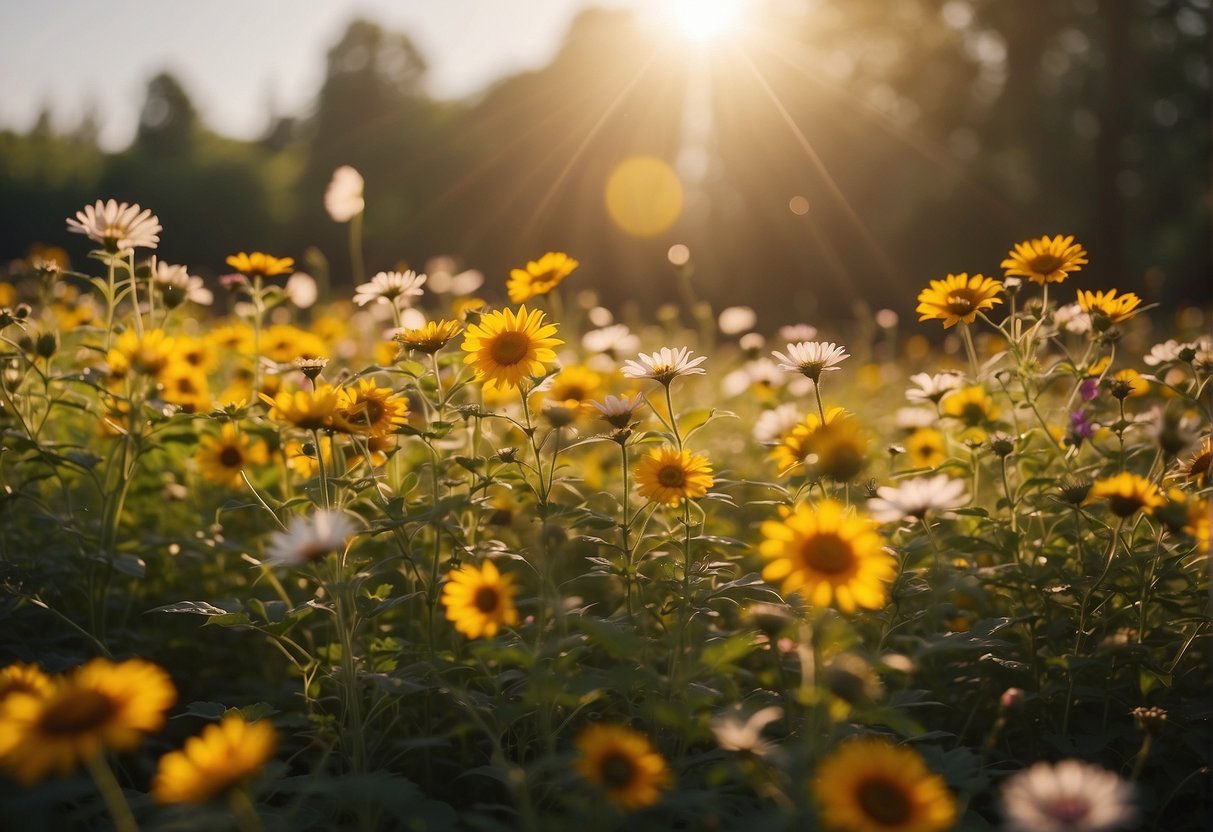 A smiling sun radiates warmth onto a field of blooming flowers, while a gentle breeze carries colorful leaves to grateful animals