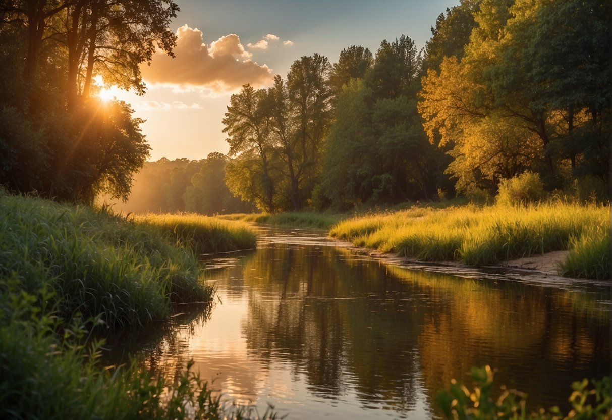 A vibrant sunset illuminates a lush meadow, where a flowing river reflects the golden hues. Trees stand tall, their leaves rustling in the gentle breeze, as birds soar overhead, filling the air with their joyful song