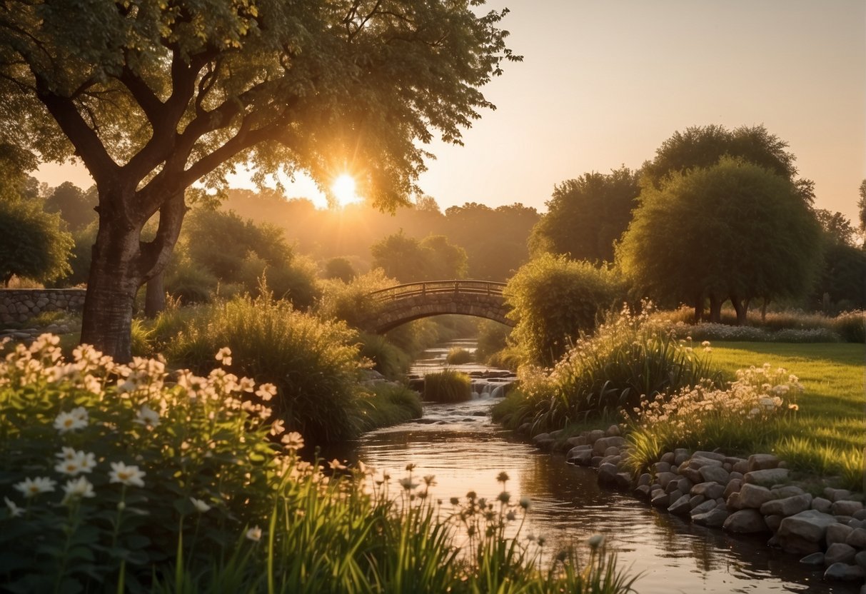 A serene garden with a tree and a stream, surrounded by blooming flowers and chirping birds. The sun is setting, casting a warm glow over the scene