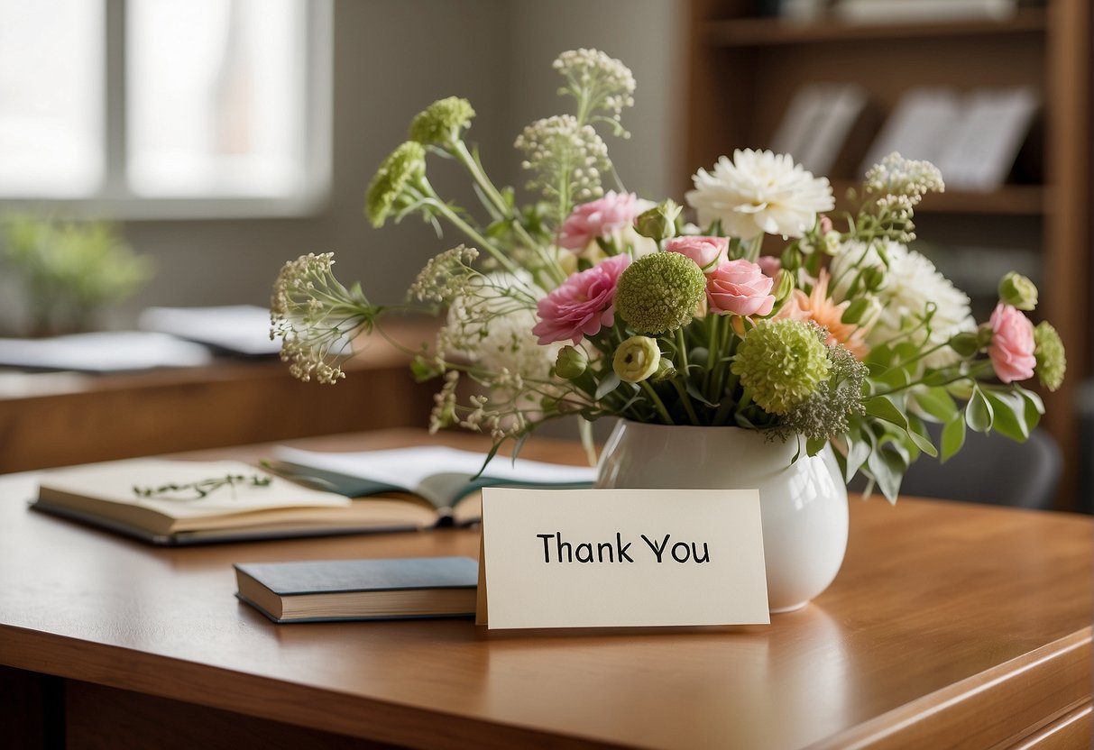 A pile of thank you notes and flowers on a desk, with a "Frequently Asked Questions gratitude 101" sign in the background