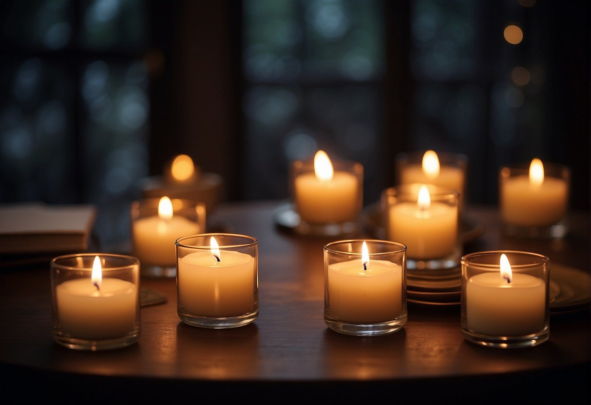 Candles arranged in a circle, glowing softly. A handwritten affirmation sits in the center. A sense of calm and focus permeates the space