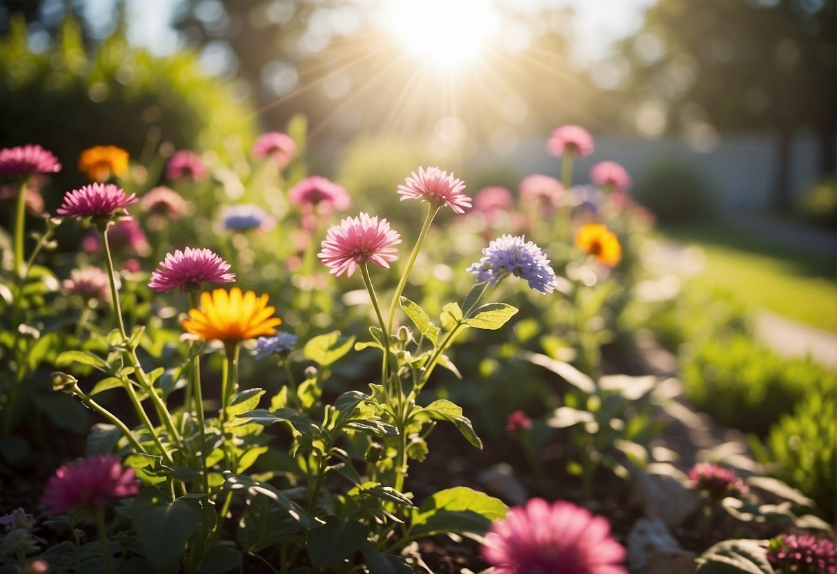 A garden blooming with vibrant flowers and thriving plants, surrounded by rays of sunlight and a clear blue sky, symbolizing positivity and abundance