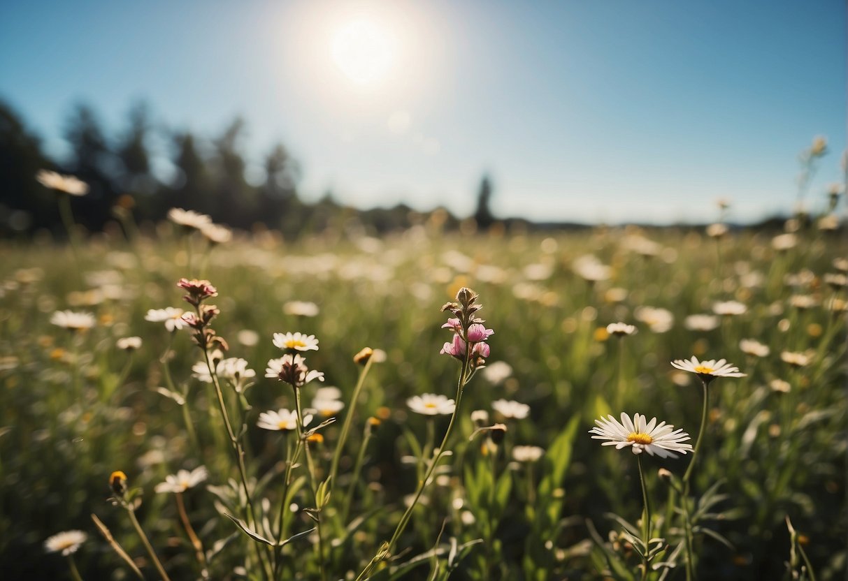 A sunlit meadow with vibrant flowers, a clear blue sky, and a sense of serenity