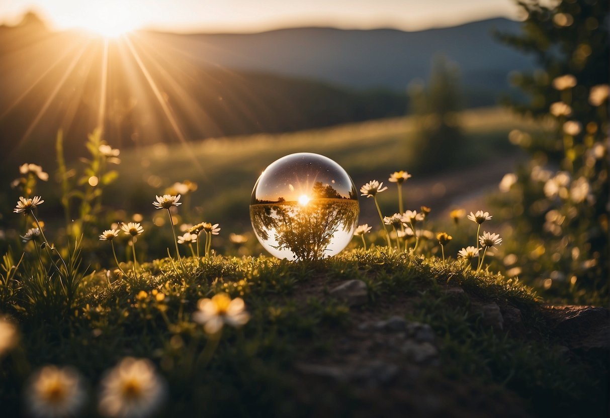 A glowing orb hovers above a serene landscape, emanating energy and light, as nature around it thrives and blooms