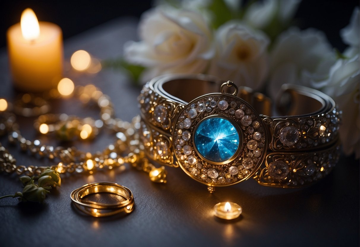 Mystical accessories glowing under the full flower moon on May 23rd. Sparkling crystals, flowing scarves, and shimmering candles create an enchanting scene