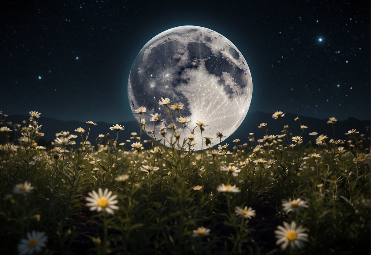 The full flower moon shines bright in the night sky on May 23rd, surrounded by twinkling stars and cosmic energy