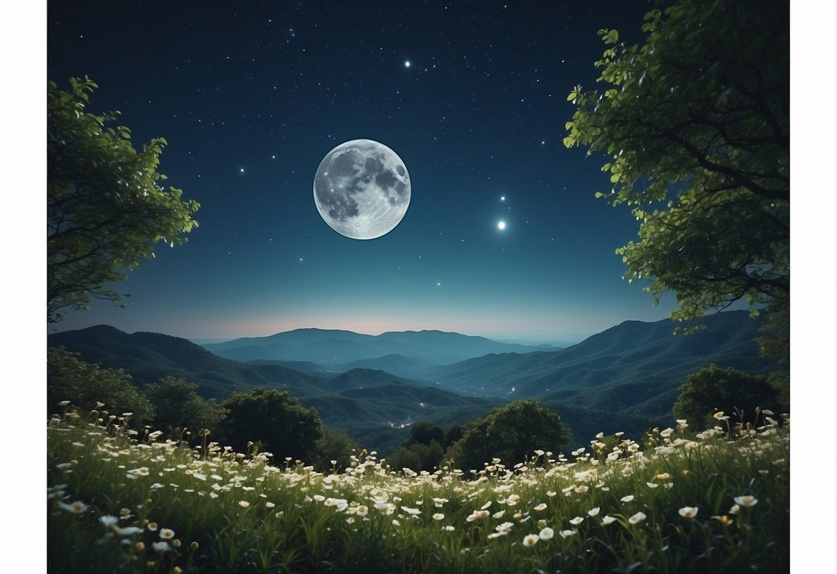 A serene night sky with the full flower moon shining brightly above a tranquil landscape of blooming flowers and lush greenery