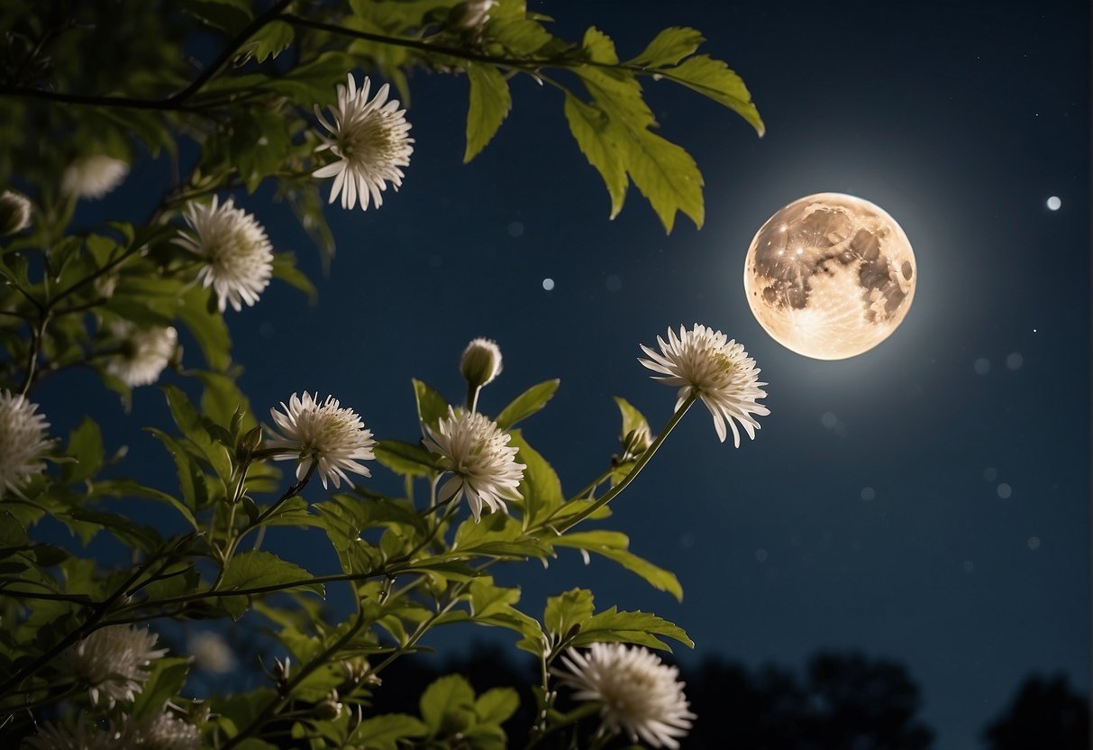 The full flower moon shines bright in the night sky on May 23rd, casting a soft glow over the blooming flowers and lush greenery below