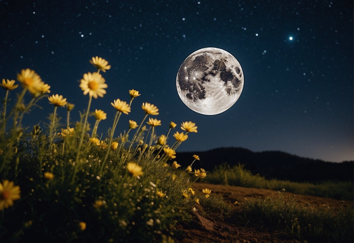 A serene night sky with a full, blooming flower moon illuminating the landscape. Surrounding nature is vibrant and alive, with a sense of magic and possibility in the air