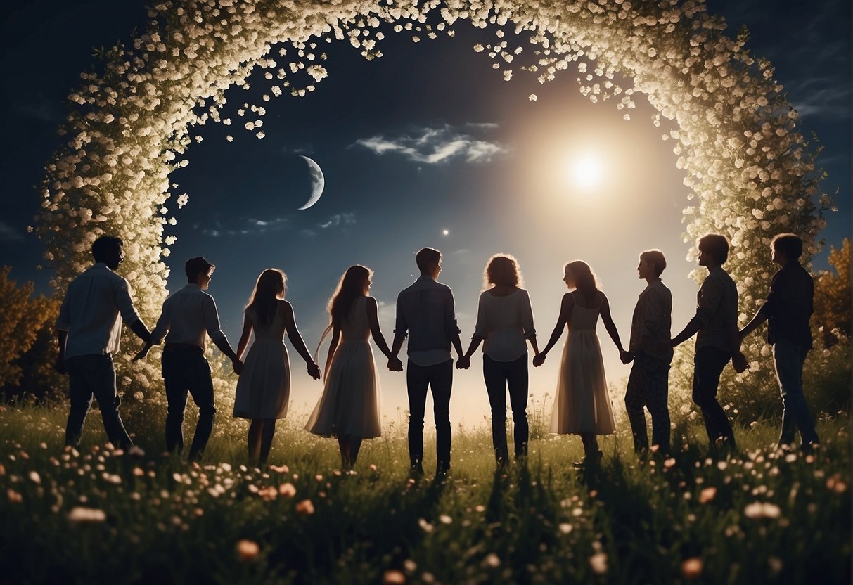 A group of people gather outdoors under the full flower moon, holding hands and dancing in a circle, surrounded by blooming flowers and glowing moonlight