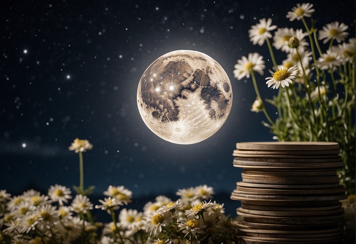 The full flower moon shines on a stack of Frequently Asked Questions, surrounded by blooming flowers, on the night of May 23rd