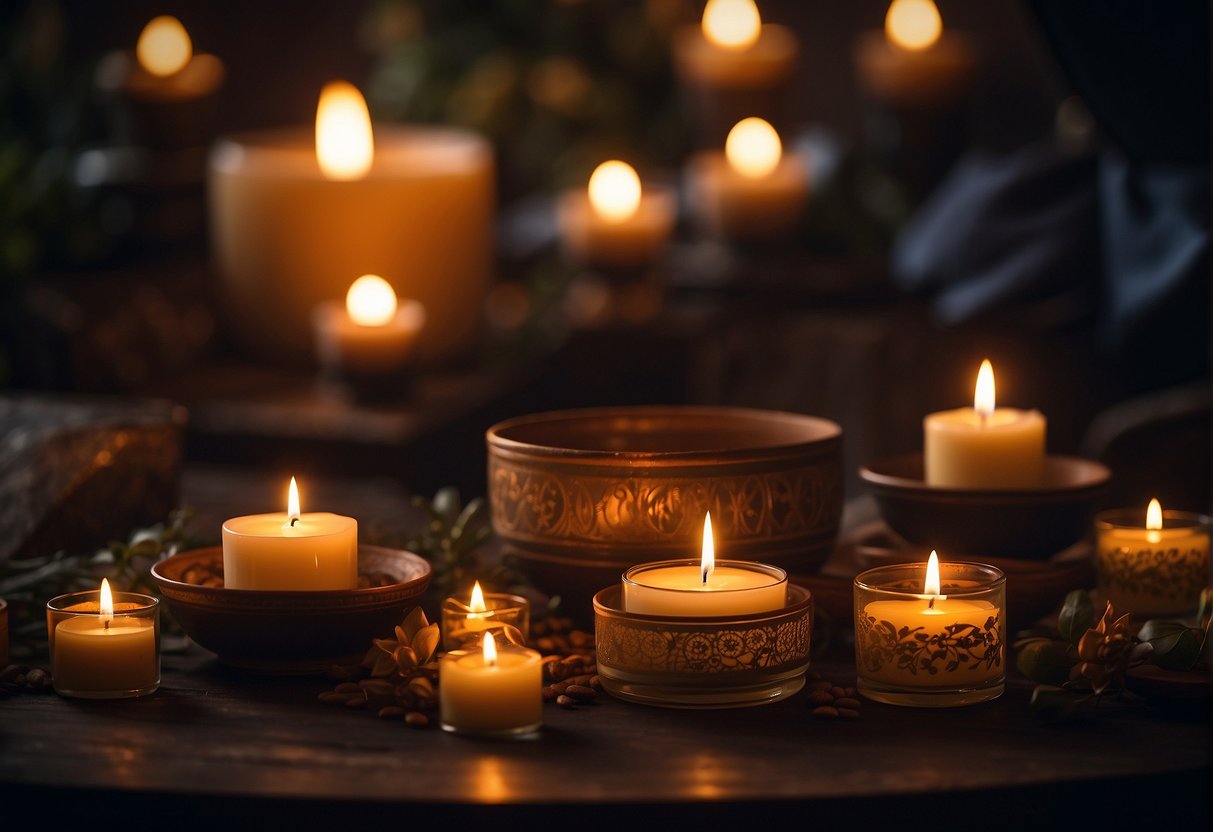 A dimly lit room with flickering candles scattered around, casting a warm and mystical glow. A serene atmosphere with soft incense wafting through the air, creating an ambiance of peace and focus