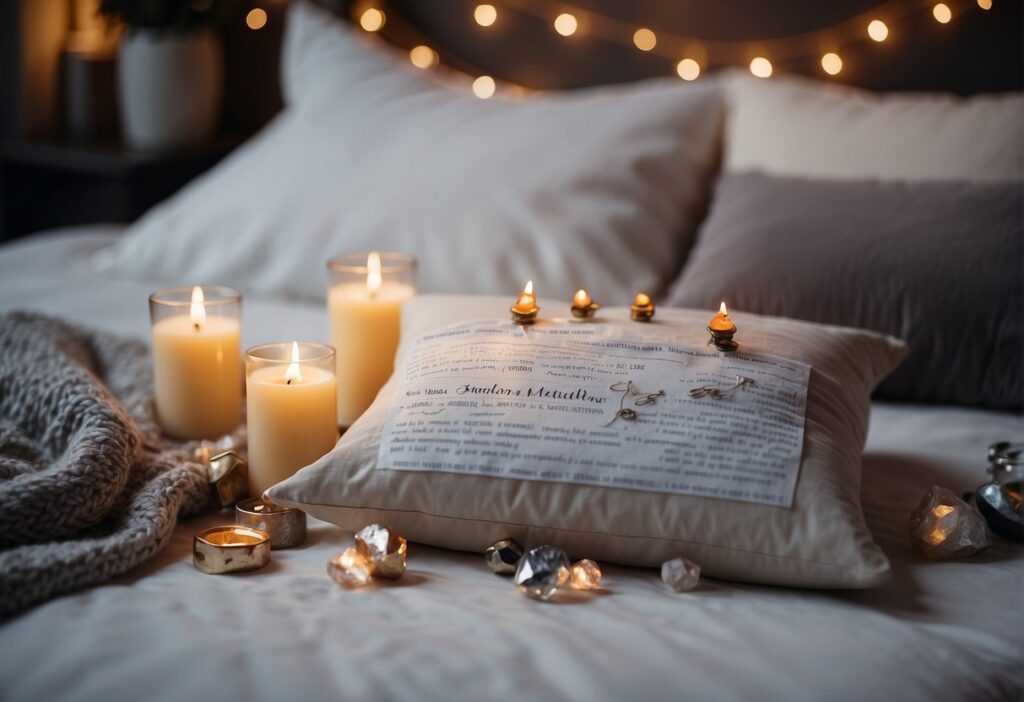 A pillow placed on a bed, surrounded by candles and crystals, with a vision board and affirmations written on paper