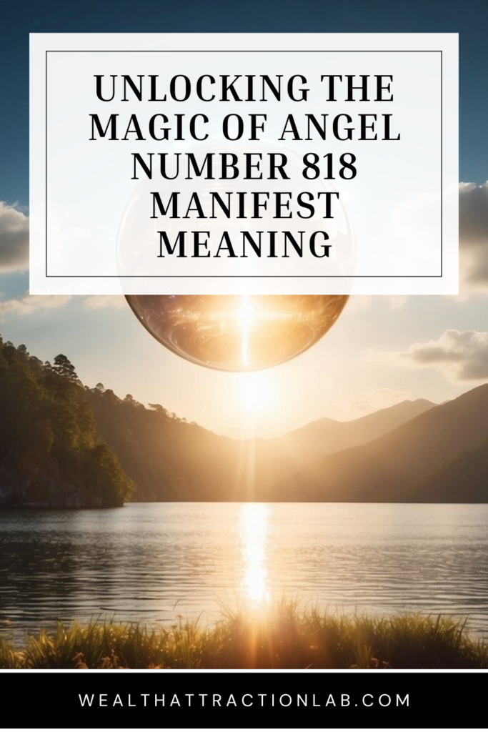 A glowing 818 hovers above a serene landscape, radiating positive energy and light, with symbols of abundance and success surrounding it