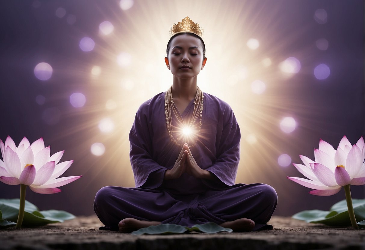 A figure meditates under a glowing crown, surrounded by purple and white lotus flowers, with a beam of light shining down from above