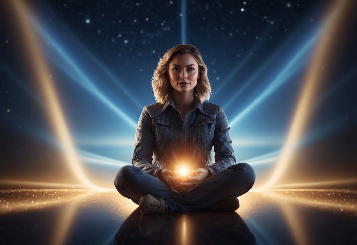 A figure sits cross-legged, surrounded by a glowing aura, as energy rises from the crown of their head, connecting them to the universe