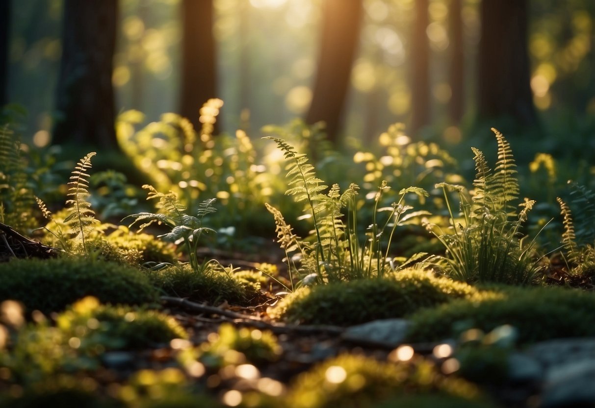 A serene forest glade, bathed in golden light, with vibrant plants and animals coexisting in perfect balance. The air hums with the energy of the universe, creating a sense of harmony and interconnectedness