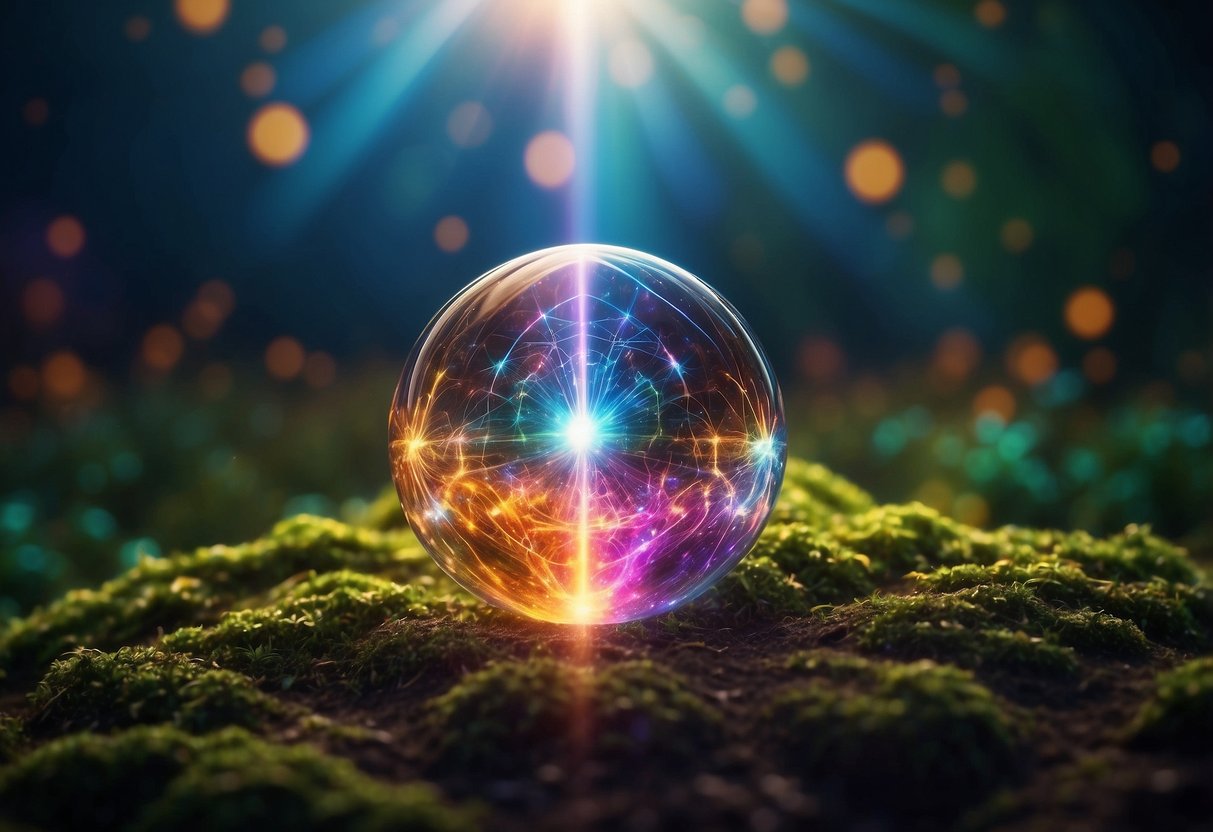 A vibrant energy field surrounds a glowing orb, emitting waves of colorful frequencies, symbolizing the power of intention and belief in quantum healing and manifestation