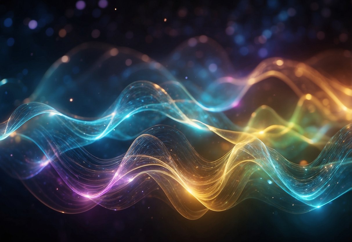 A vibrant spectrum of light waves intertwining with swirling energy fields, merging science and spirituality in a cosmic dance of quantum healing and manifestation