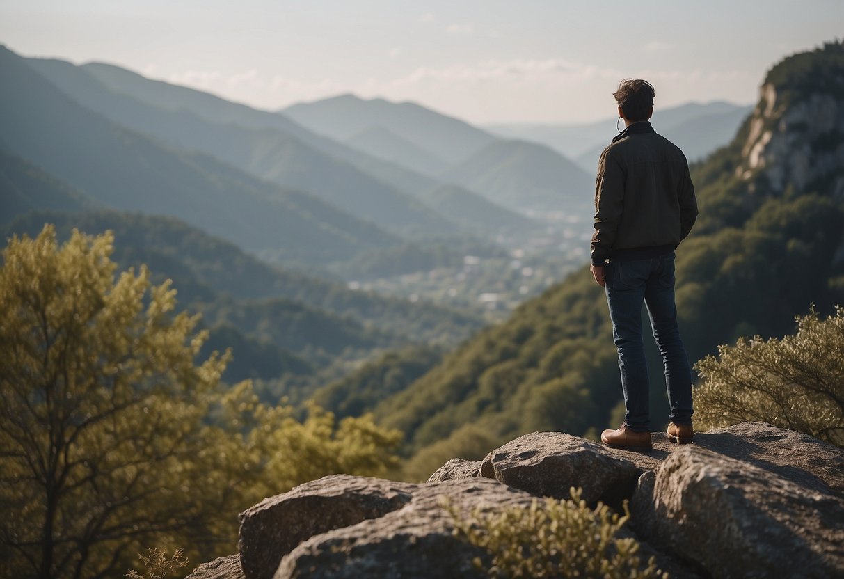 A figure standing on a cliff, gazing at a distant horizon, with a sense of anticipation and curiosity. The surroundings are filled with natural elements, such as trees, mountains, and a gentle breeze