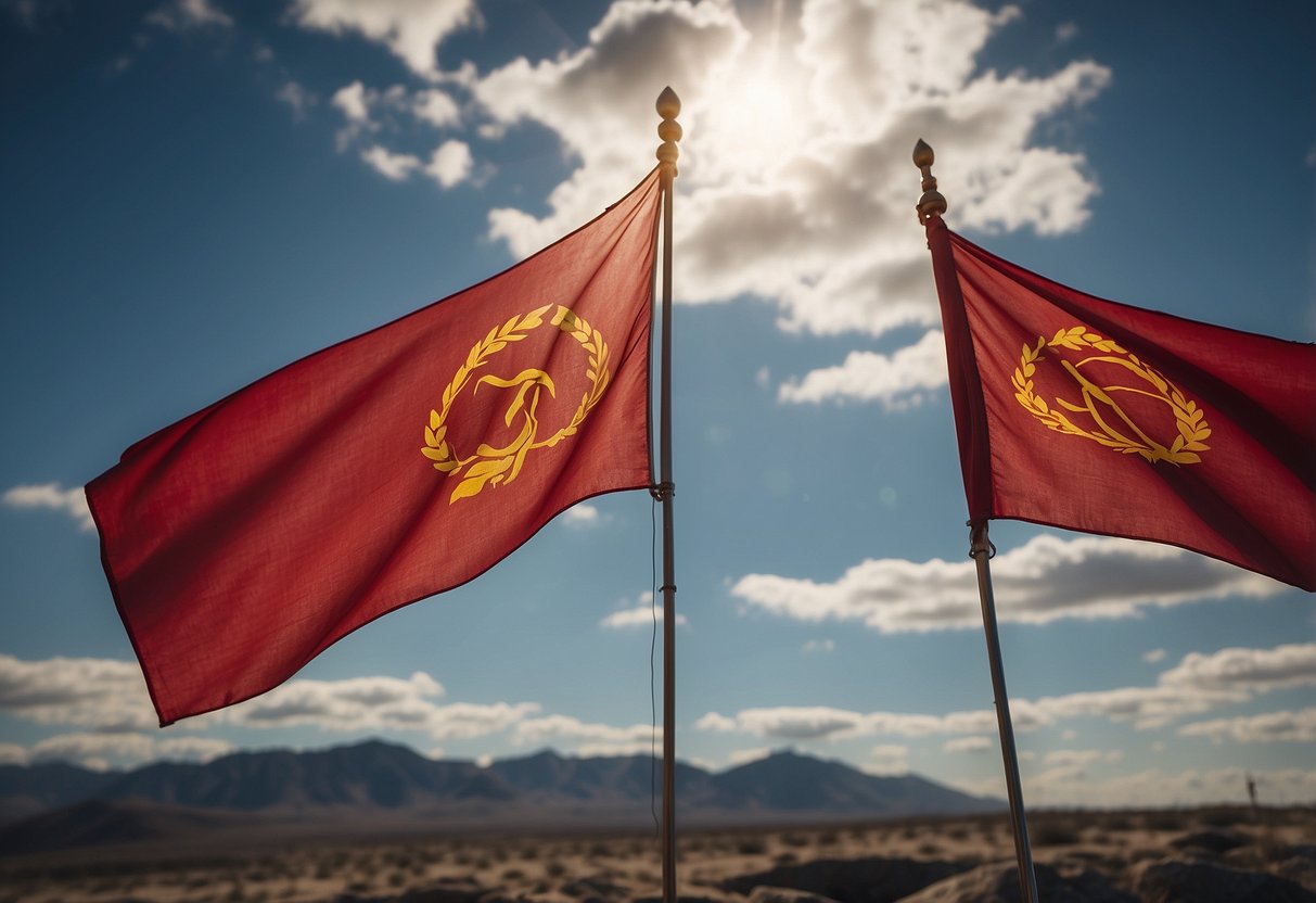 A red flag flutters in the wind, surrounded by six symbols representing different instincts