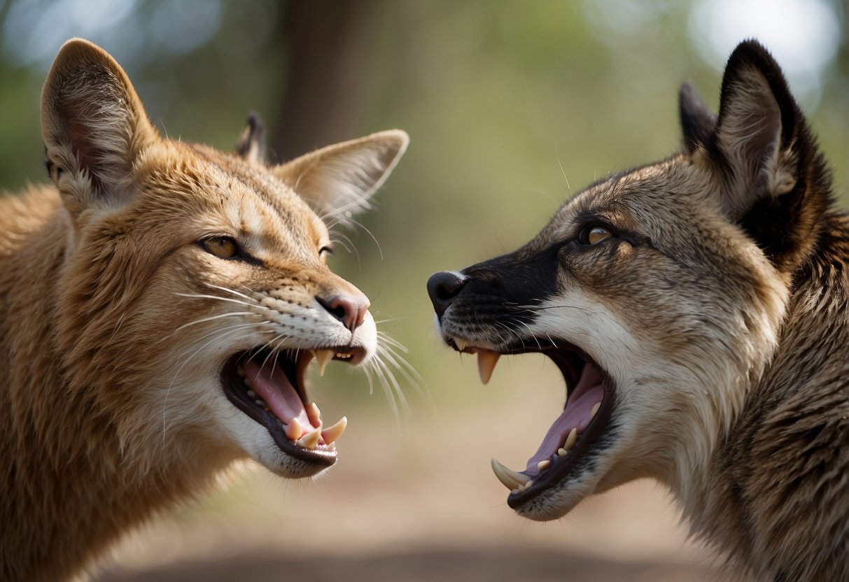 Two animals facing each other, one with raised fur and bared teeth, the other cowering with ears flattened and tail tucked