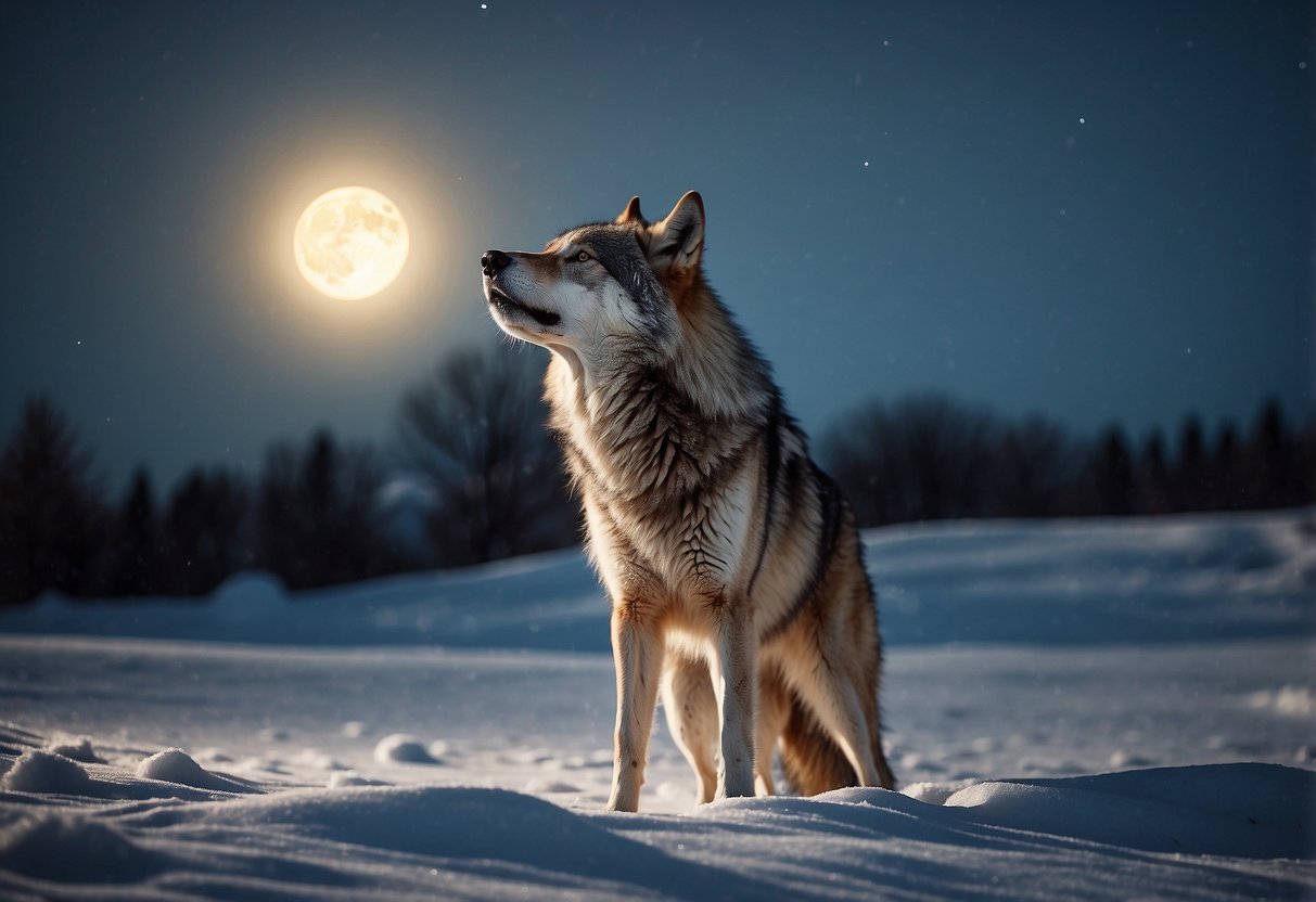 A wolf howling under a full moon, surrounded by a circle of six different animal tracks in the snow