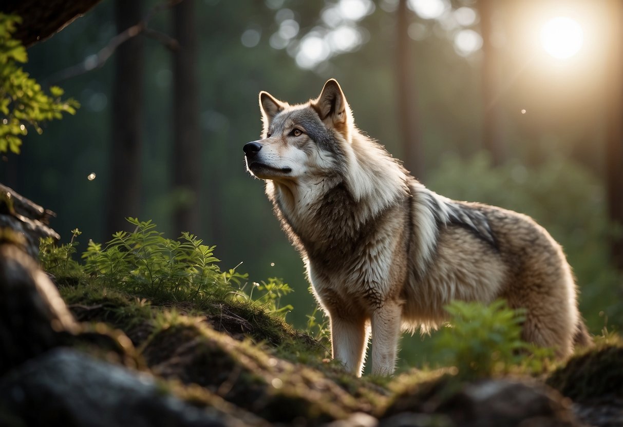 A wolf howling at the moon, a bird building a nest, a bear foraging for food, a fish swimming upstream, a spider spinning a web, a plant reaching for sunlight