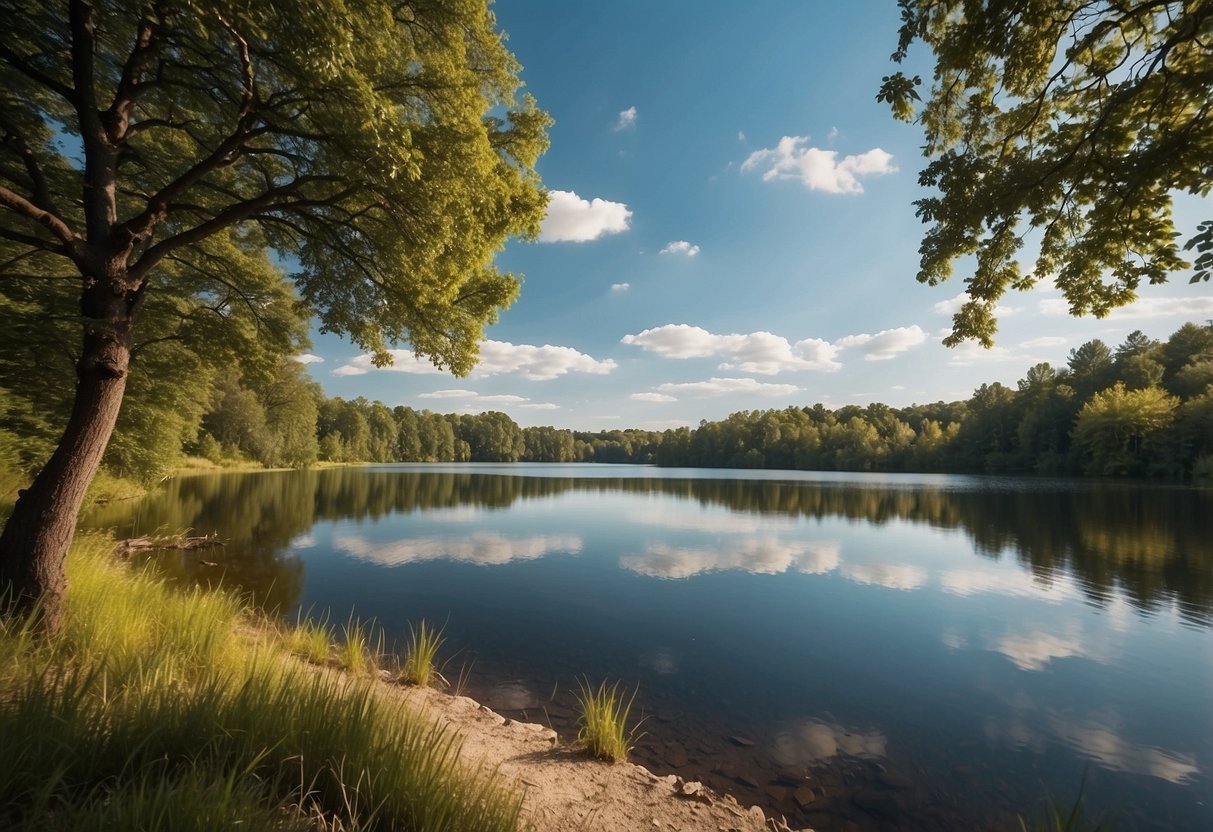 A serene landscape with a clear sky, a peaceful lake, and vibrant greenery, with the numbers of Grabovoi subtly integrated into the environment