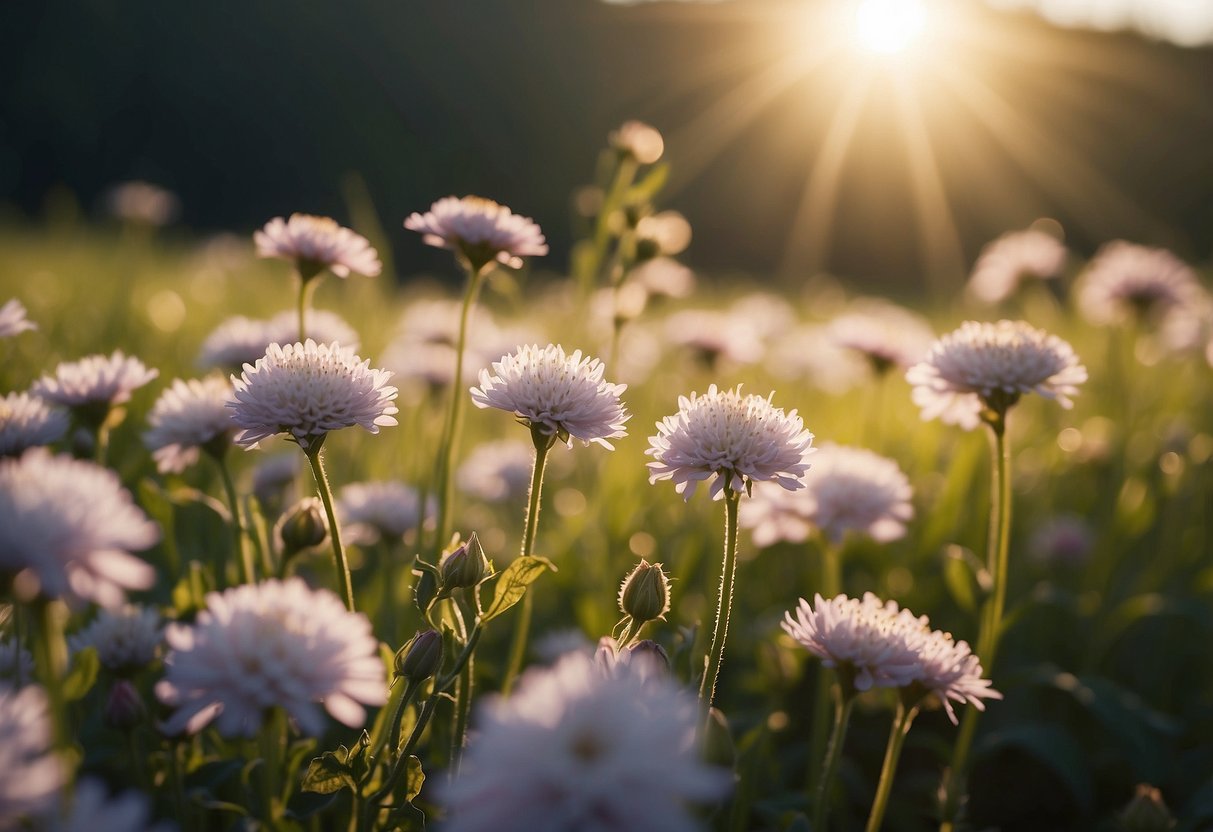 A beam of light shines down onto a field of blooming flowers, as if nature is responding to the affirmation