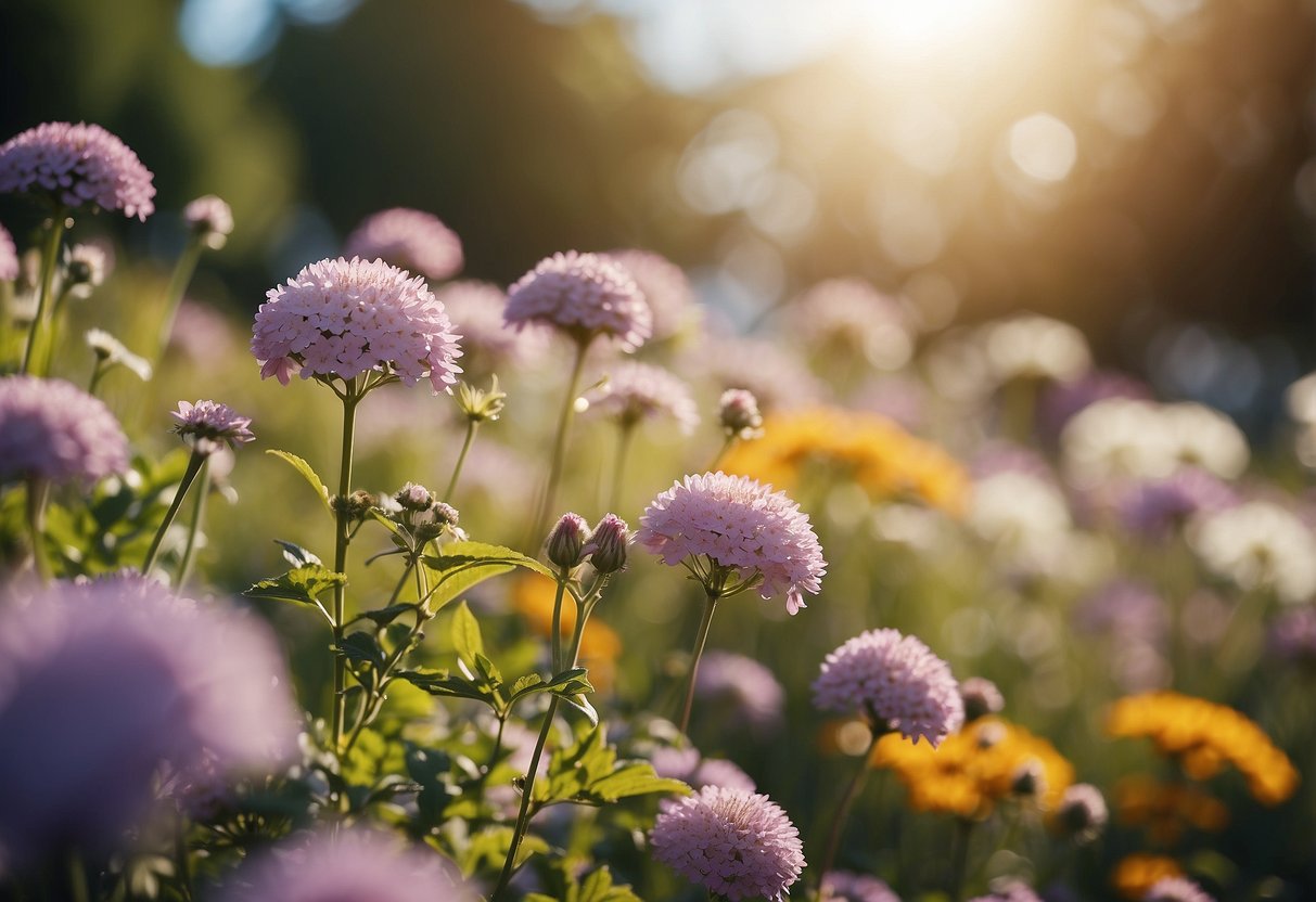 A serene garden with colorful flowers and a bright sky, with a peaceful atmosphere and a sense of abundance and positivity