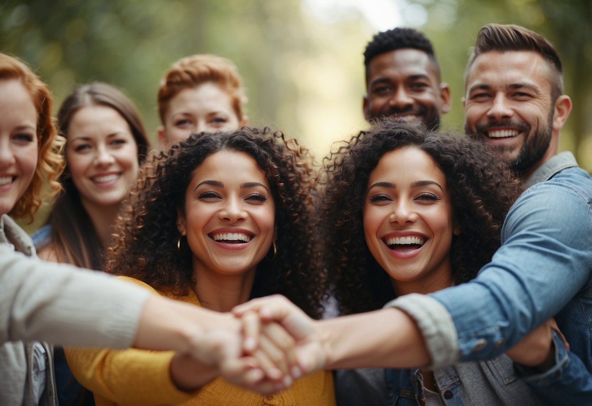 A group of people encircle with arms outstretched in support and love