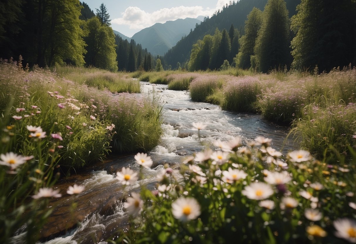 A river of abundance flows freely, surrounded by blooming flowers and lush greenery