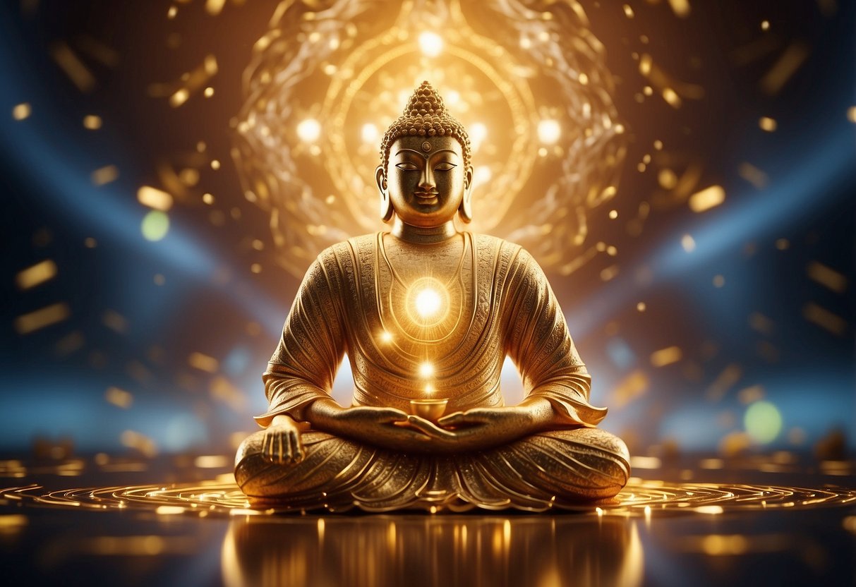 A figure meditates in a golden, glowing aura, surrounded by swirling energy and symbols of positivity and abundance