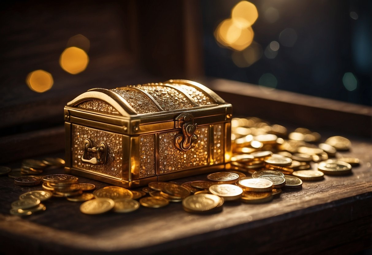 A golden beam radiates from an open treasure chest, surrounded by shimmering coins and sparkling jewels