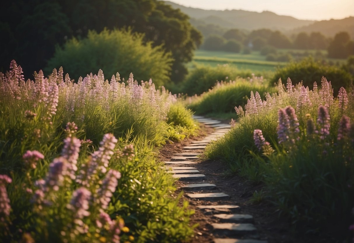 A serene landscape with a winding path leading towards a bright horizon, surrounded by lush greenery and blooming flowers