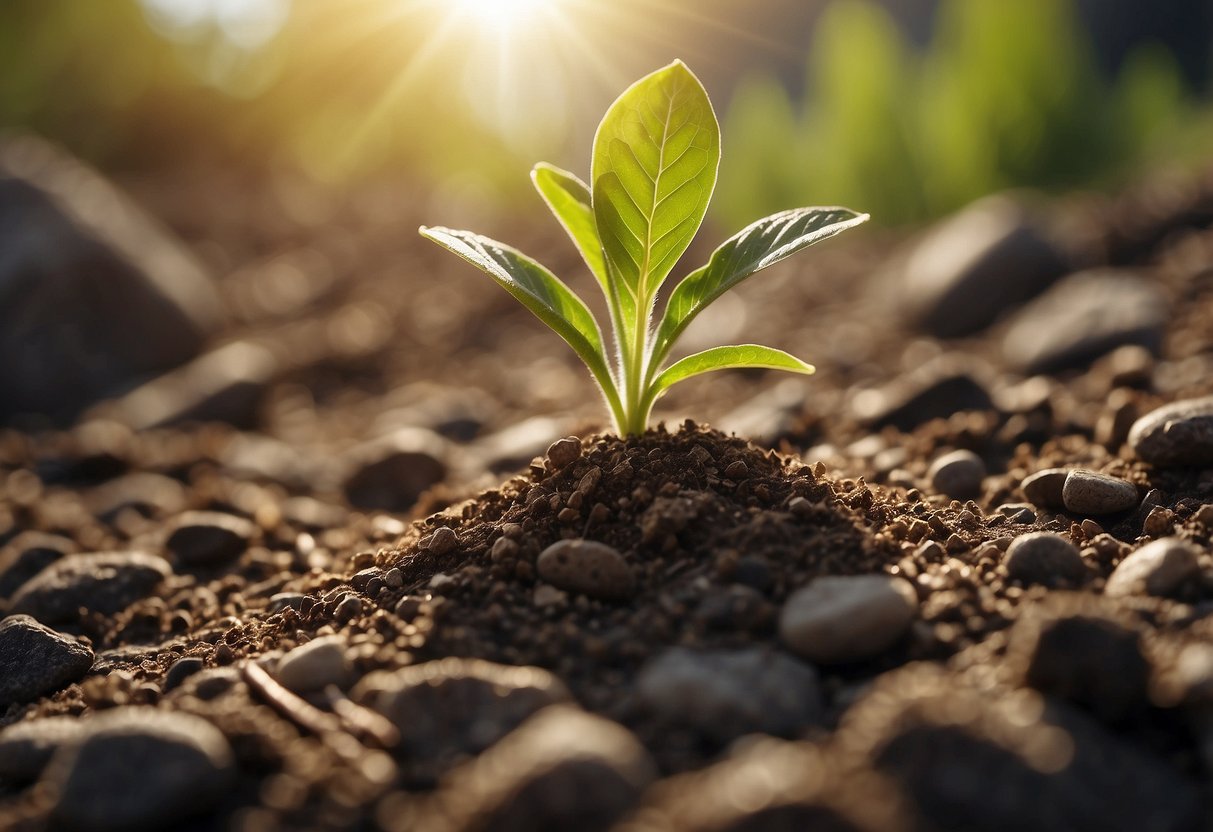 A small seedling pushing through rocky soil towards the sunlight