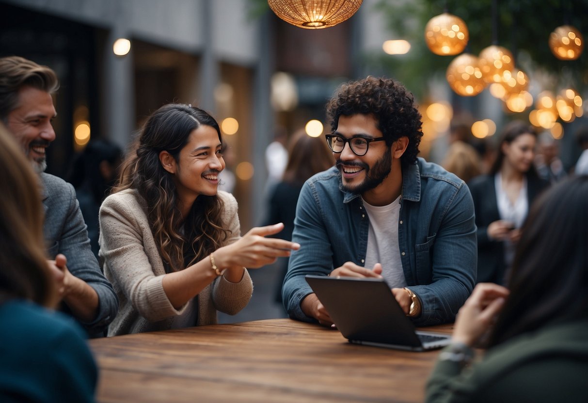 A diverse group of people engaging in deep conversations, surrounded by symbols of interconnectedness and growth