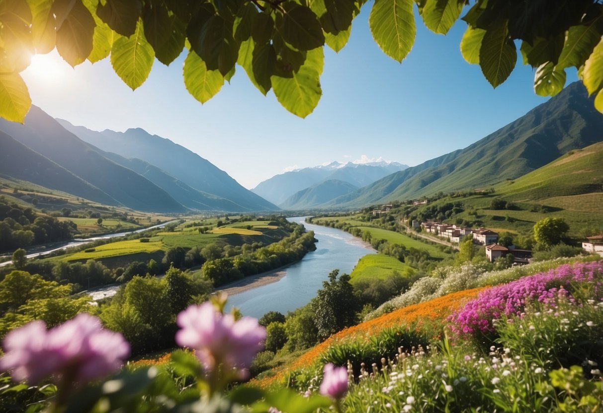 A vibrant garden bursting with colorful flowers, lush greenery, and abundant fruits, surrounded by a serene flowing river and majestic mountains in the distance