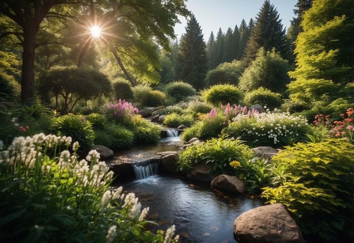 A lush garden with blooming flowers, flowing water, and vibrant wildlife, surrounded by a tranquil forest and a clear, expansive sky